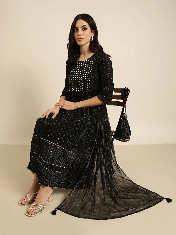 Women A-Line Black Printed Kurta and Trousers Set Comes With Dupatta-GW-4054-Black