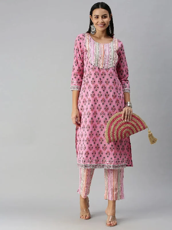 Women's Pink Striped Kurta Sets-SS-383-Pinkmulti