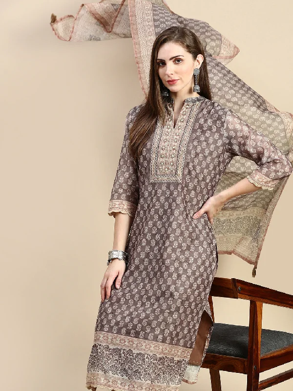 Women Ethnic Motifs Brown Straight Kurta Set with Dupatta-BC-SK-1990-Brown