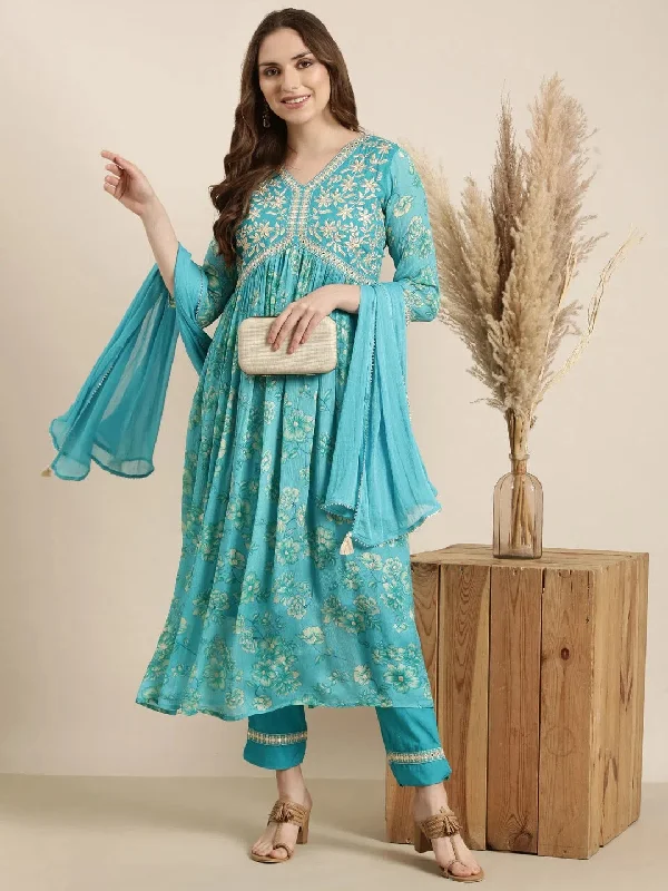 Women Anarkali Blue Floral Kurta and Trousers Set Comes With Dupatta-AT-A1376-KPD-Blue