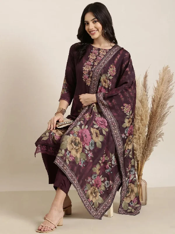 Women Straight Purple Floral Kurta and Trousers Set Comes With Dupatta-BC-SK-1961-Purple