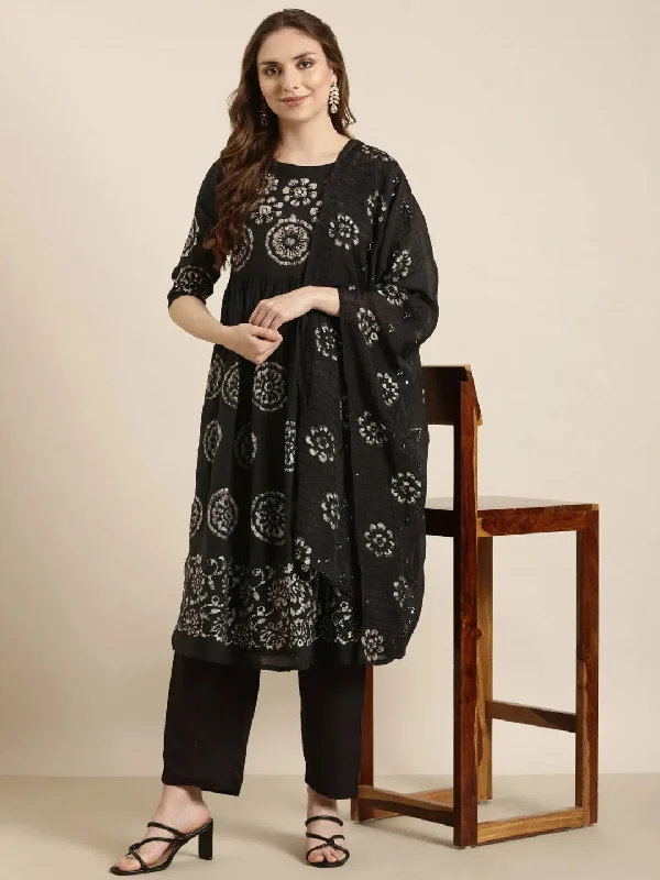 Women A-Line Black Ethnic Motifs Kurta and Trousers Set Comes With Dupatta-GW-3555-H-Black