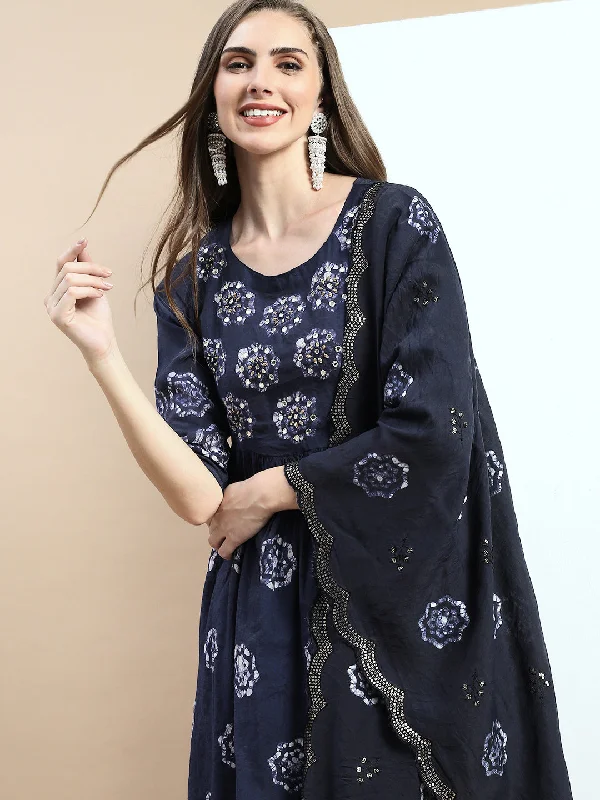 Women Floral Navy Blue A-Line Kurta Set-GW-3555-C-Navyblue