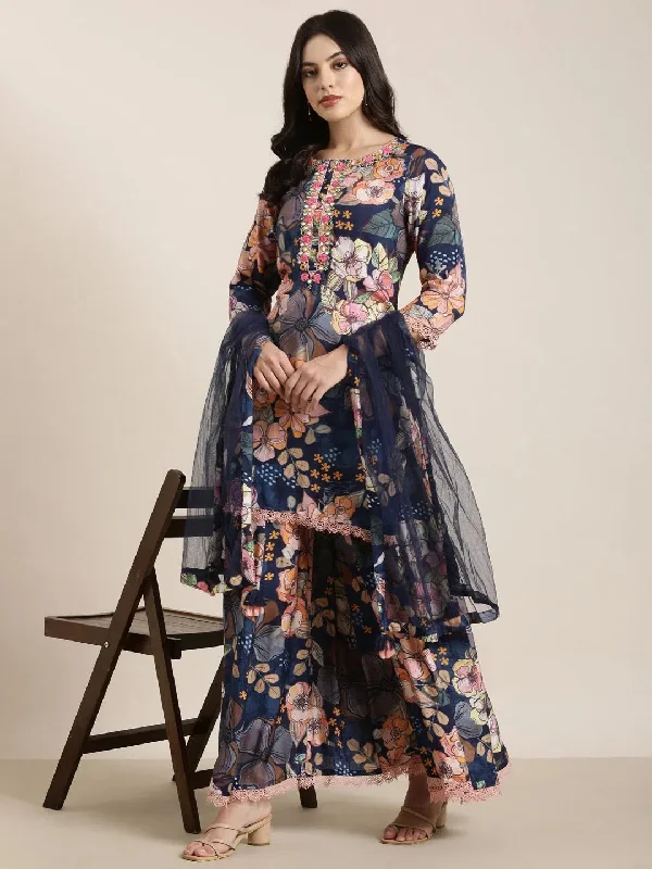 Women Straight Navy Blue Floral Kurti and Trousers Set Comes With Dupatta-DW-SK-1934-Navyblue