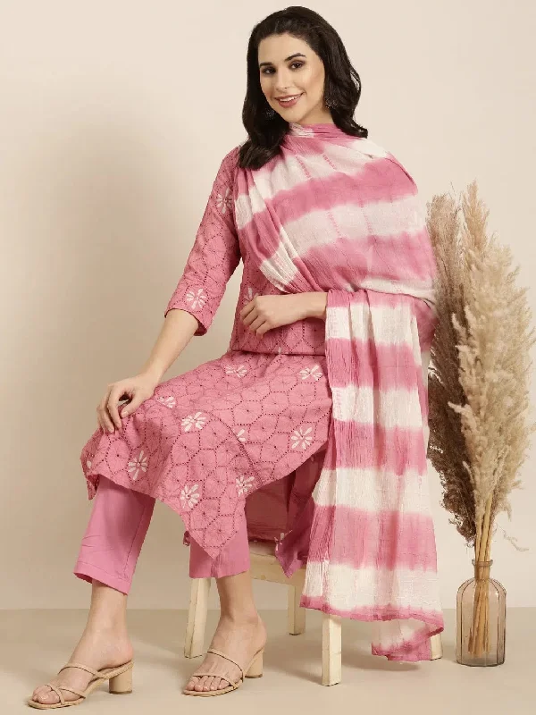 Women Straight Pink Woven Design Kurta and Trousers Set Comes With Dupatta-UB-2843-Pink