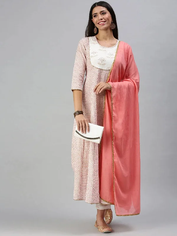 Women's White & Pink Printed Kurta Sets-BS1595A-White-Pink