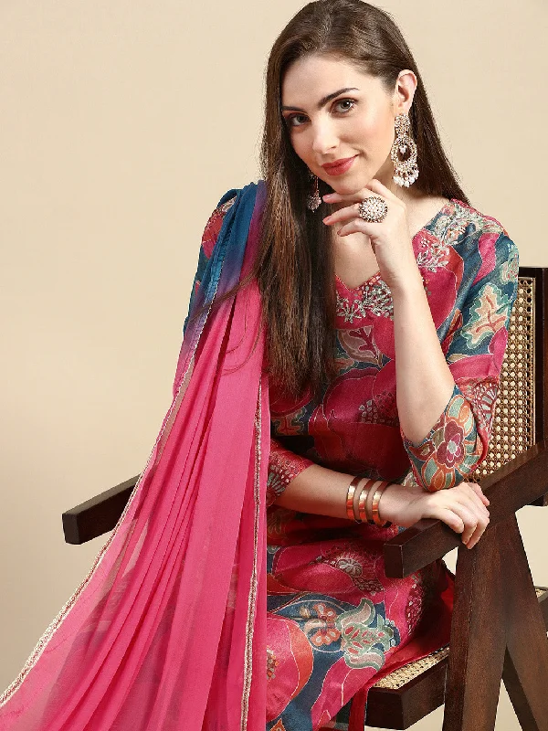 Women Floral Coral Straight Kurta Set with Dupatta-UB-3189-Coral