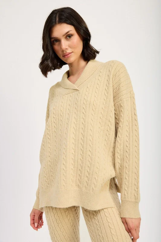 Sheer Knit TopsBelle Collared Cable Knit Sweater