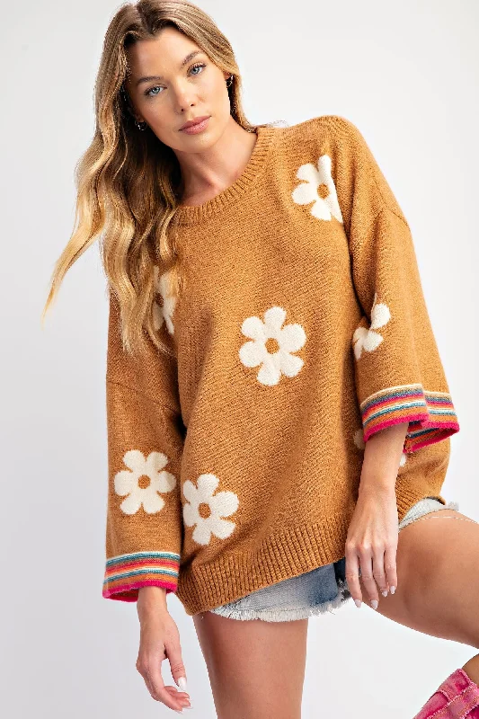 Collaborative Knit TopsCamel Floral Print 3/4 Sleeve Sweater | Boutique Elise | Andy