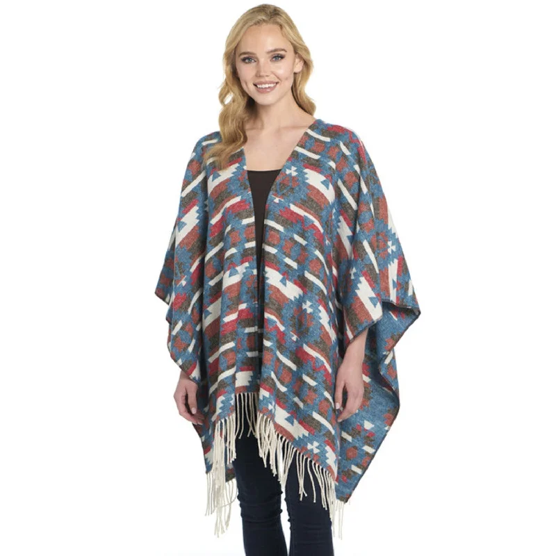 Hiking Knit TopsCripple Creek Womens Open Front Blanket Wrap Larimar Blue 100% Polyester Poncho