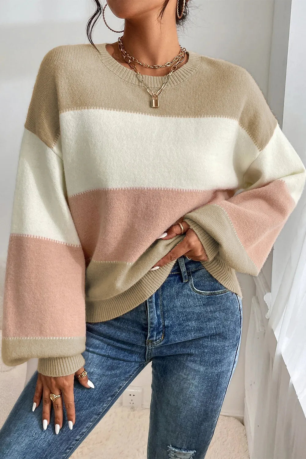 Ruffled Knit TopsColor Block Round Neck Lantern Sleeve Sweater