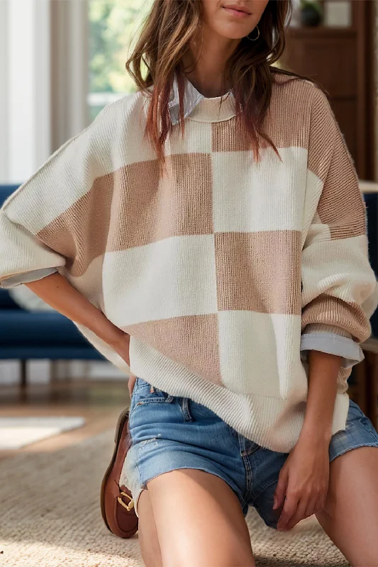 Festival Knit TopsColor Block Round Neck Long Sleeve Sweater