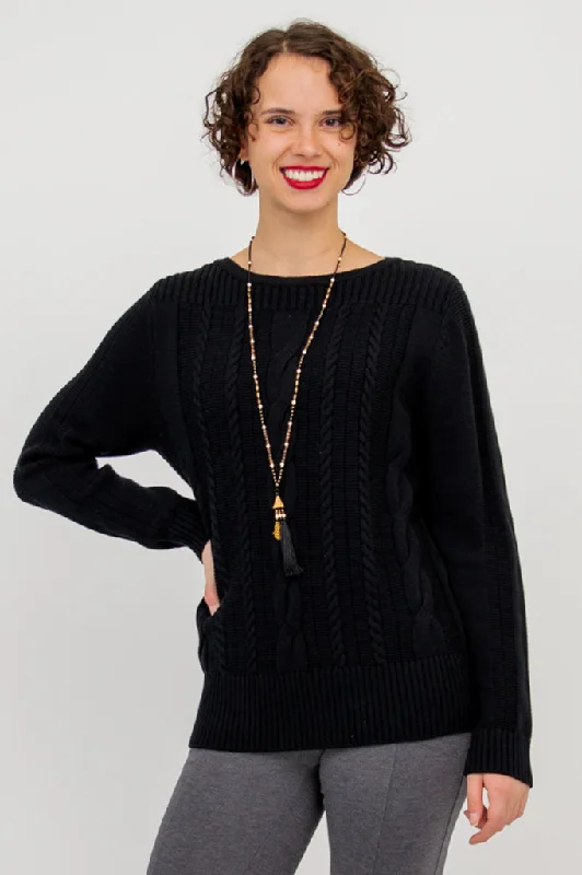 Cropped Knit TopsCora Sweater, Black, Cotton