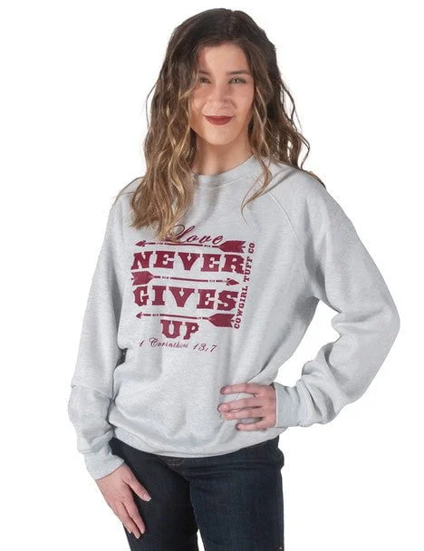 Thermal Knit TopsCowgirl Tuff Womens Love Never Gives Up Ash Poly/Rayon Sweatshirt