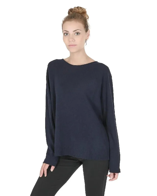 Limited Edition Knit TopsCrown of Edinburgh Cashmere Women's Premium Cashmere Oversize Boatneck Sweater in Navy blue - XL