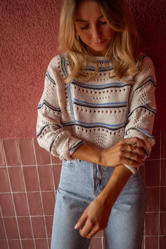 V-Neck Knit TopsEcru Striped Moha Sweater