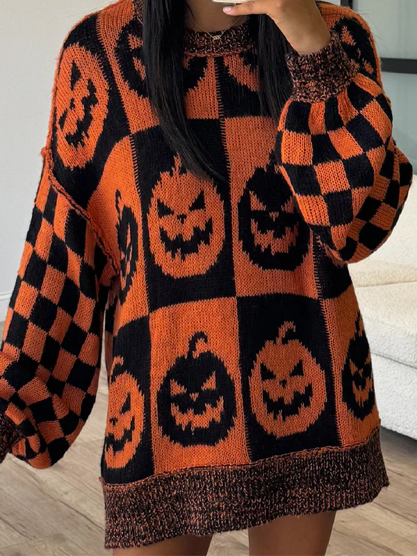 Hip-Hop Knit TopsExposed Seam Pumpkin Round Neck Long Sleeve Sweater