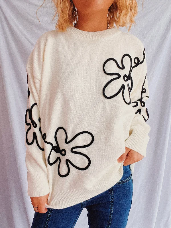 Cropped Knit TopsFlower Round Neck Long Sleeve Sweater