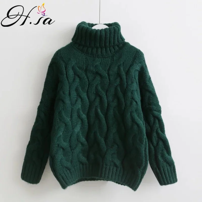 Fitted Knit TopsH.SA Women Turtleneck Sweaters Autumn Winter 2017 Pull Jumpers European Casual Twist Warm Sweaters Female oversized sweater Pull