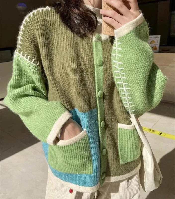 Lounge Knit TopsKorean Hand-Knitted Contrast Color Women's Cardigan