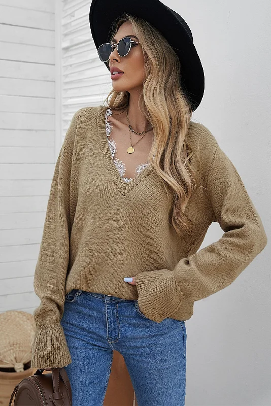 Fishing Knit TopsLace Trim Flounce Sleeve V-Neck Sweater