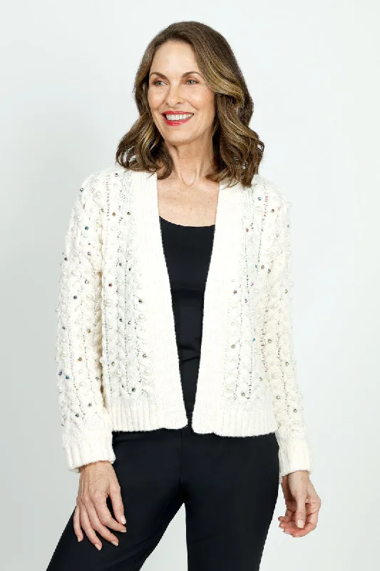 Leather-Paneled Knit TopsMetric Cardigan with Pearl Detail