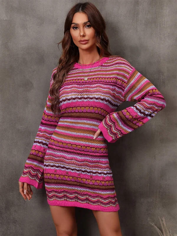 Yoga Knit TopsMulticolored Stripe Dropped Shoulder Sweater Dress