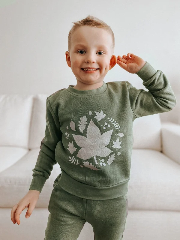 Organic Cotton Knit TopsOrganic Kids' Cozy Graphic Sweatshirt & Jogger Set, Hunter Leaves