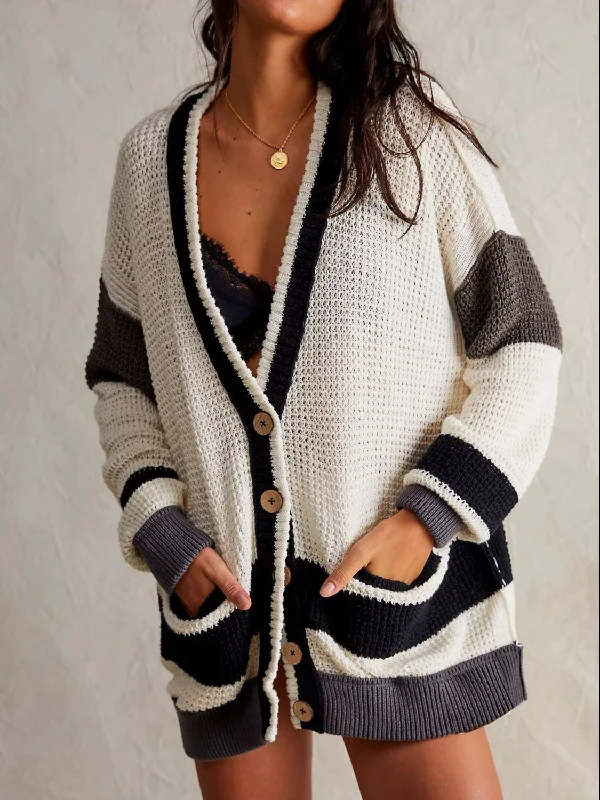 Cycling Knit TopsPocketed Contrast V-Neck Long Sleeve Cardigan