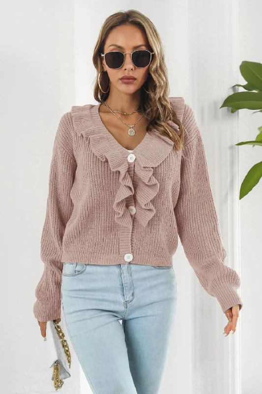 Summer Knit TopsRuffle Trim Button-Down Dropped Shoulder Sweater