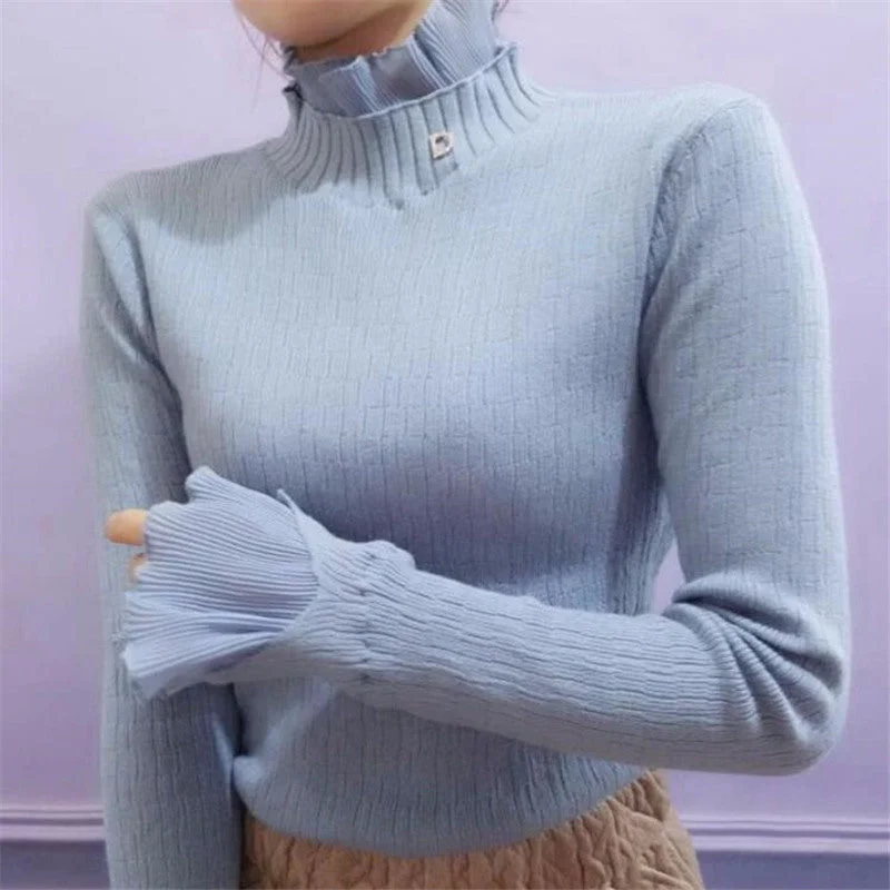 Studded Knit TopsRuffled Collar Autumn Winter Women Pullovers Sweater Knitted Elasticity Casual Jumper Fashion Slim Winter Warm Female Sweaters