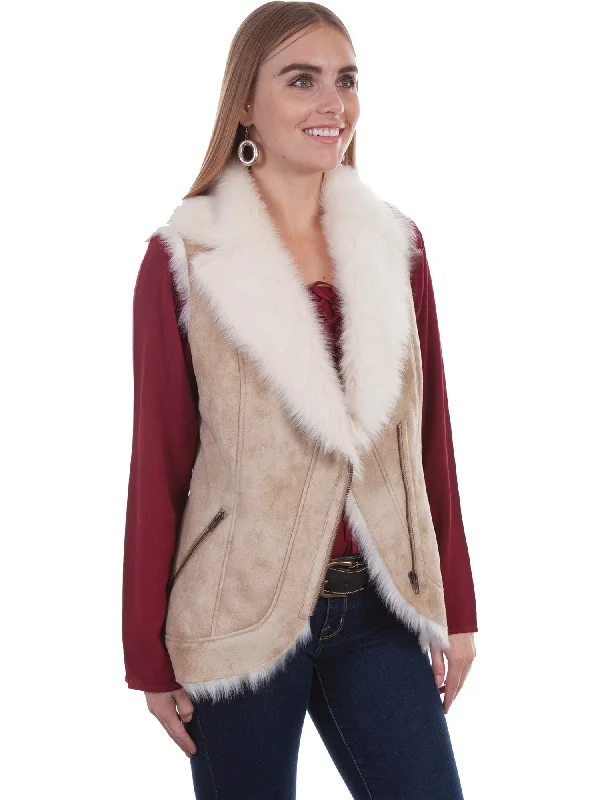 Off-Shoulder Knit TopsScully Womens Beige Faux Fur Boho Vest L