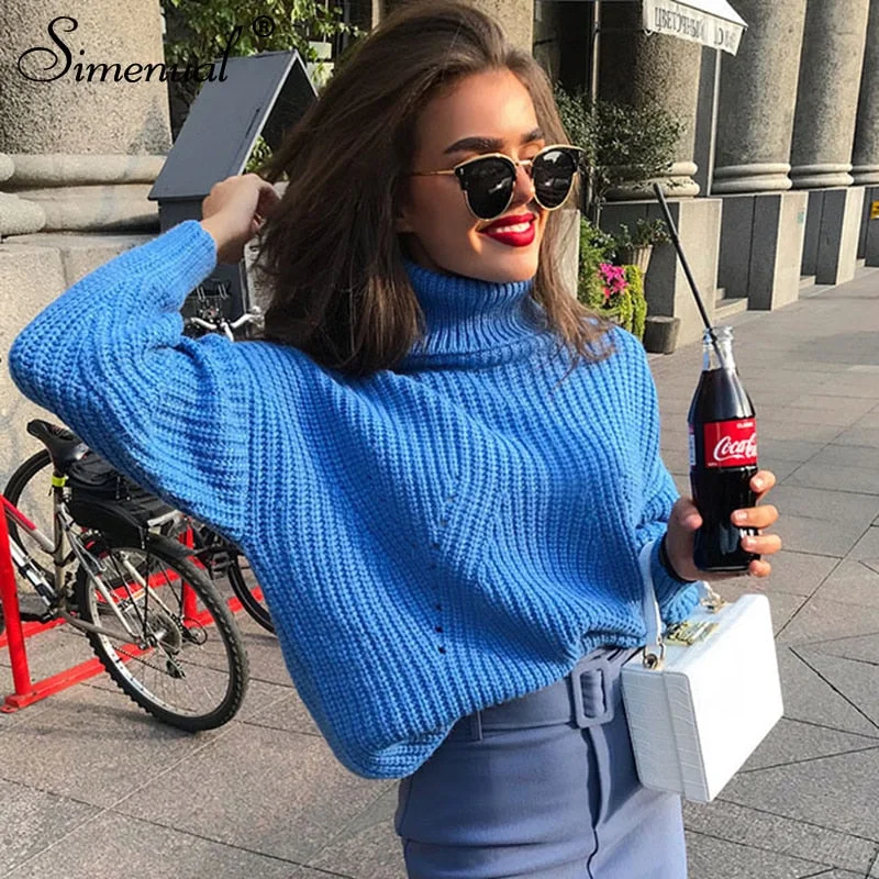 Bamboo Knit TopsSimenual Fashion turtlenecks sweaters women winter 2018 autumn solid slim pullover female basic knitted lady's sweater jumper