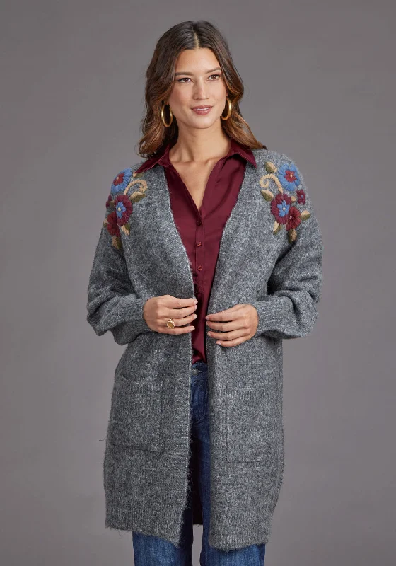 Plush Knit TopsStetson Womens Floral Embroidered Grey Acrylic Blend Cardigan Sweater