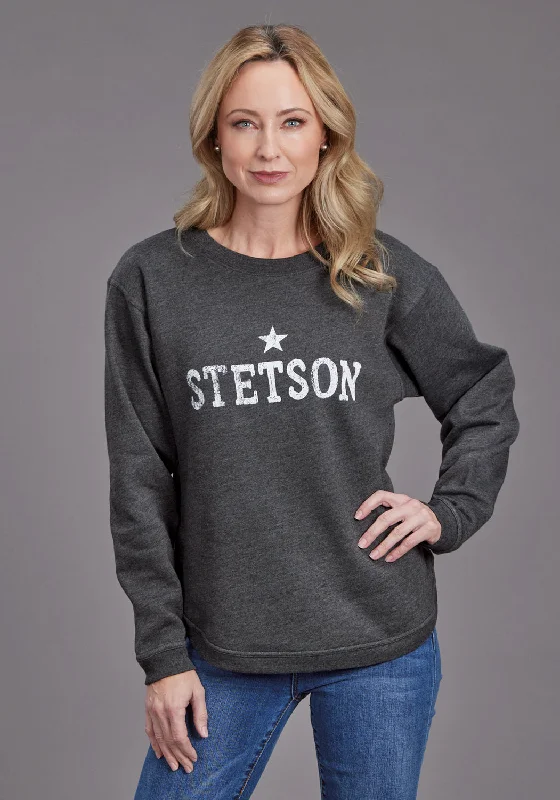 Hooded Knit TopsStetson Womens Star Screenprint Heather Black Cotton Blend Pullover Sweater