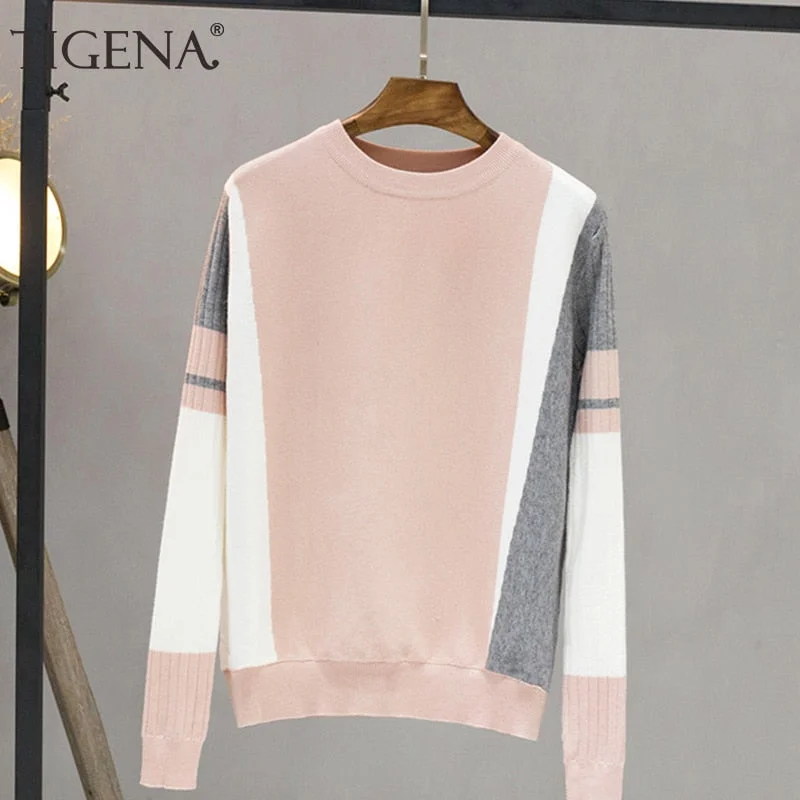 Glitter Knit TopsTIGENA Contrast Color Sweater Female 2019 Autumn Winter Pullover Sweater Women Long Sleeve Knitted Jumper Pull Femme Black Pink