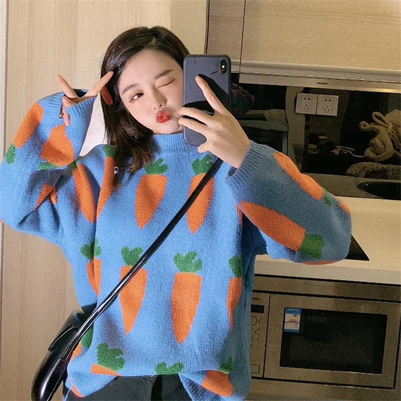 Bamboo Knit TopsWomen's Clothing Cute Kawaii Thick Loose Carrot Embroidery Sweater Lady Harajuku Ulzzang Sweaters For Women Ulzzang Knitted