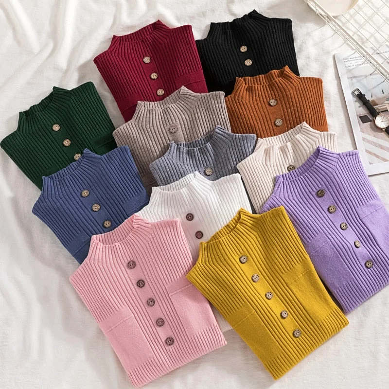 High-Fashion Knit TopsWomens Sweaters 2019 New Fashion Button Turtleneck Sweater Women Soft Knitted Ladies Sweater Winter Tops Pullover Jumpers Ladies