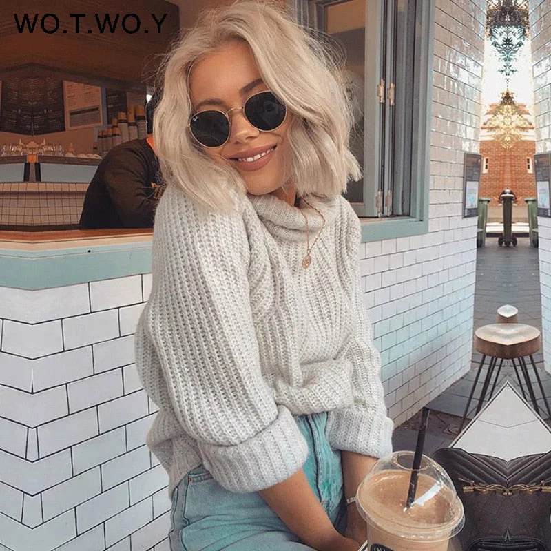 Zippered Knit TopsWOTWOY Autumn Winter Turtleneck Women 2018 Sweater Long Knitted Pullovers Women Loose Casual Sweaters Female Jumper Cashmere