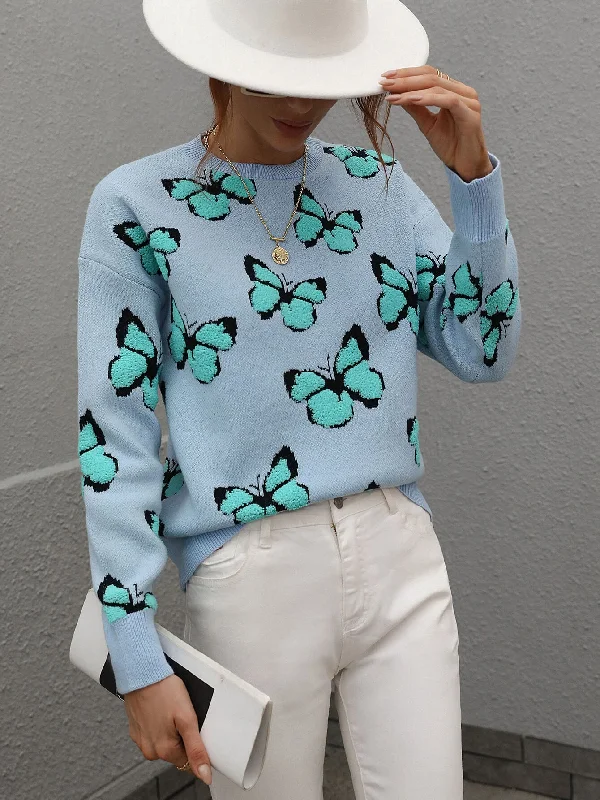 Thermal Knit TopsWoven Right Butterfly Dropped Shoulder Crewneck Sweater