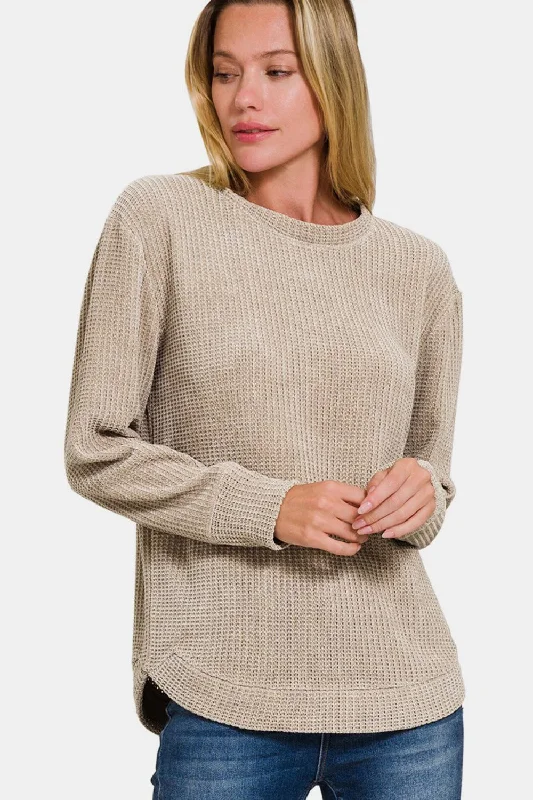 Luxury Knit TopsZenana Chenille Waffle Round Neck Sweater