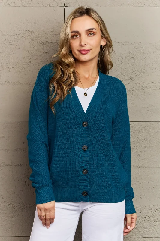 Sheer Knit TopsZenana Kiss Me Tonight Full Size Button Down Cardigan in Teal