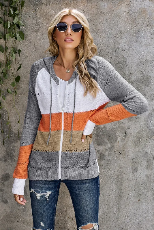 College Knit TopsZip-Up Raglan Sleeve Openwork Hooded Cardigan