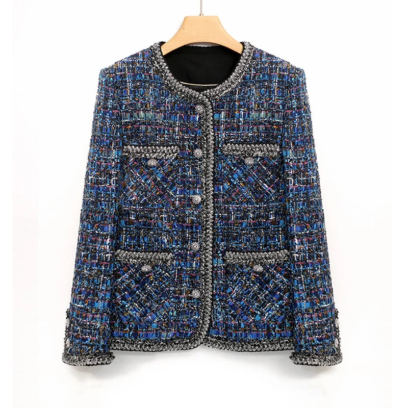 Skateboard JacketsBlue Tweed Jacket for Women - High-End Socialite Classic