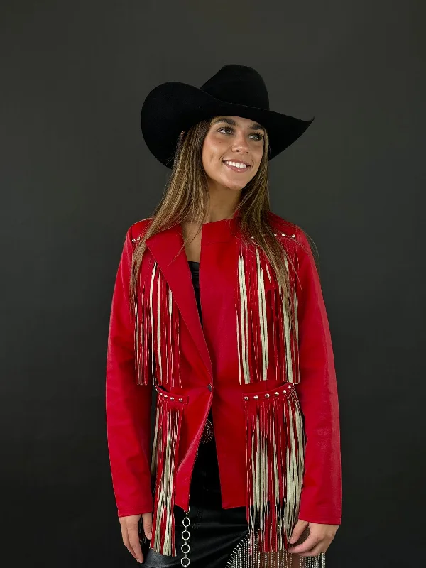 Winter JacketsRock&Roll Womens Long Red Jacket with Fringe Back