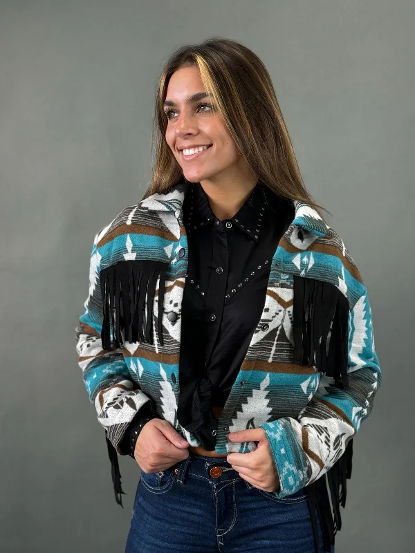 Artist JacketsLUCKY & BLESSED WESTERN AZTEC BLACK FRINGE SNAP JACKET