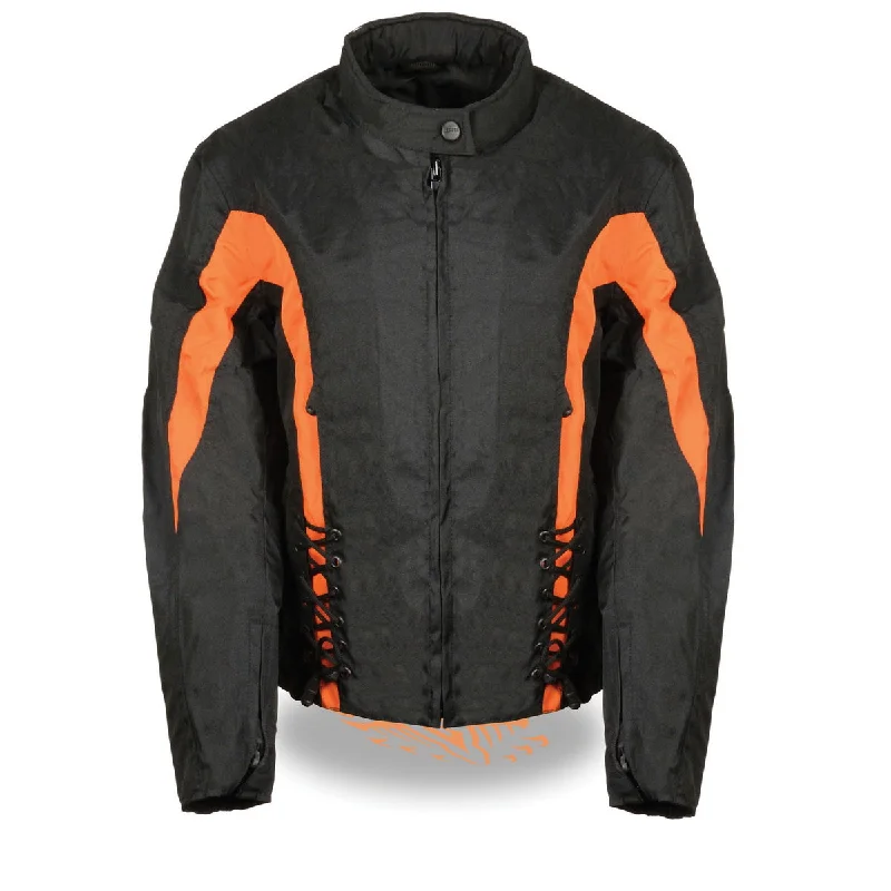 Metallic JacketsNexgen SH2188 Women's Black and Orange Textile Motorcycle Riding Jacket with Side Stretch and Lacing