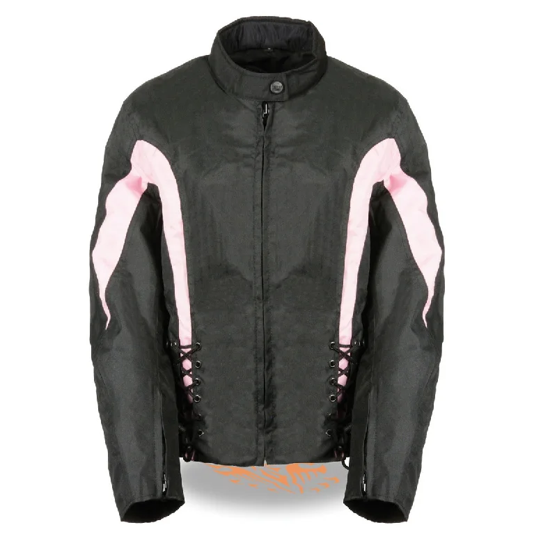 Puffer JacketsNexgen SH2188 Women's Black and Pink Textile Motorcycle Riding Jacket with Side Stretch and Lacing