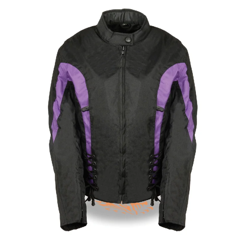 Motorcycle JacketsNexgen SH2188 Women's Black and Purple Textile Motorcycle Riding Jacket with Side Stretch and Lacing