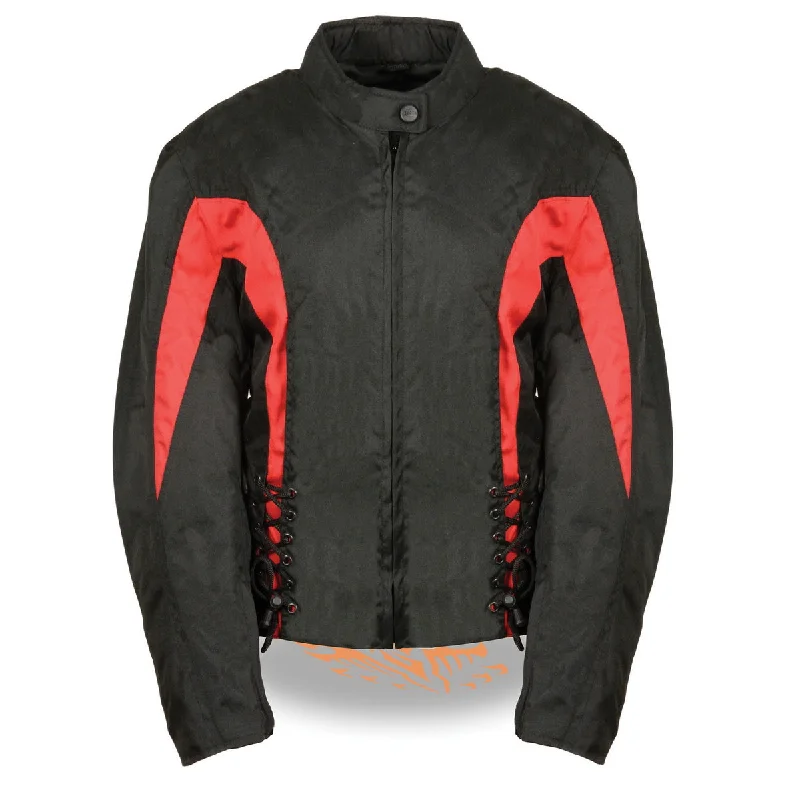 Canvas JacketsNexgen SH2188 Women's Black and Red Textile Motorcycle Riding Jacket with Side Stretch and Lacing